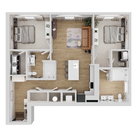 Floor plan for 2 beds, 2 baths, 1070 sqft